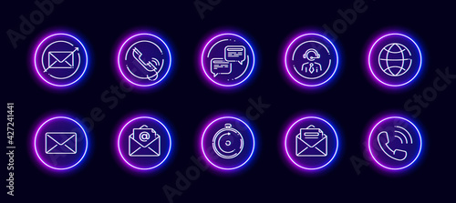 10 in 1 vector icons set related to qna, support theme. Lineart vector icons in neon glow style