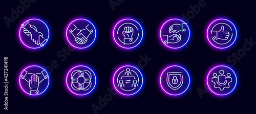 10 in 1 vector icons set related to labour rights and team building theme. Lineart vector icons in neon glow style