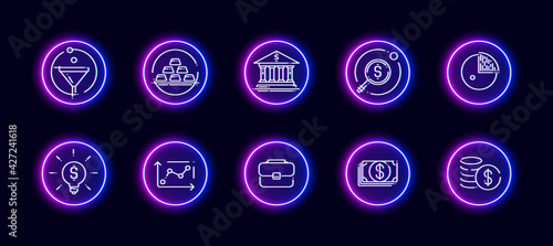 10 in 1 vector icons set related to finance and business theme. Lineart vector icons in neon glow style