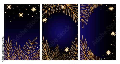 A set of covers, templates for invitations, posters. Night party, magic dream. Dark background, starry sky, golden palm leaves.