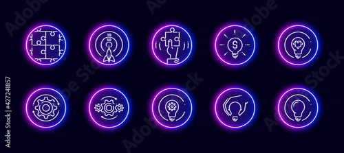 10 in 1 vector icons set related to creative development theme. Lineart vector icons in neon glow style