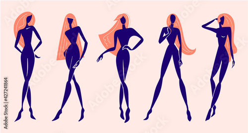 Vector set stylized woman standing, long hair, silhouette figures, fashion models. Feminine concept, art illustration. Use as poster, print for t-shirt, design element for beauty products