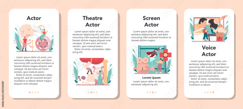 Actor and actress mobile application banner set. Theatrical performer