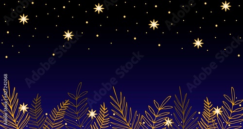 Magic fairy night, dark blue starry sky, golden palm leaves, branches, fireflies. Enchanted forest, banner template, cover. Vector illustration.