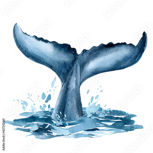 Whale tail in the ocean, splashing water, whale on isolated white background, watercolor illustration
