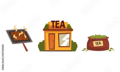 Tea Production Set, Tea Leaves Picking, Drying and Selling Vector Illustration
