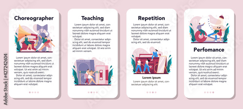 Choreographer mobile application banner set. Dance teacher in studio