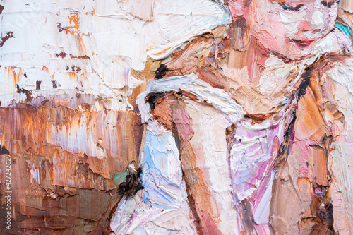 Fragment of oil painting, palette knife technique and brush. Young girl, ballerina in the white tutu, tying pointe shoes. Background created with expressive strokes in bright colors.