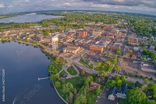 Aerial View of Downtown Albert Lea, Minnesota at Dusk in Summer