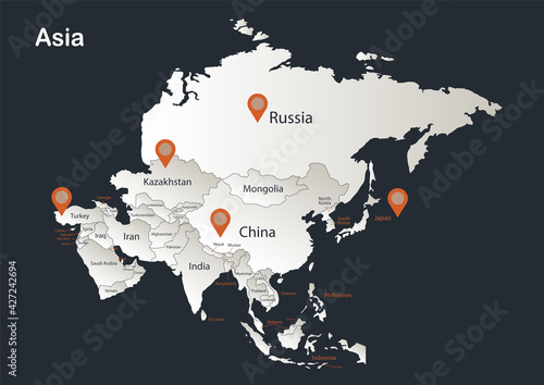 Asia map, Infographics flat design colors snow white with names of individual states vector