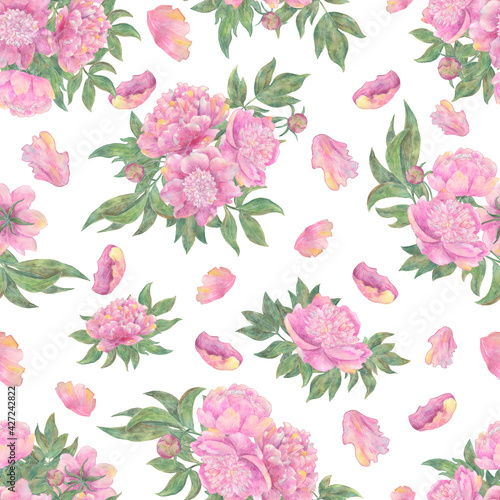 Seamless pattern with beautiful peony flowers and leaves isolated on white.