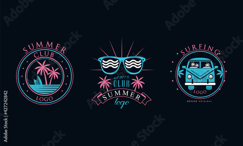 Summer Club Logo Original Design Set, Surfing Club Retro Labels, Badges Vector Illustration