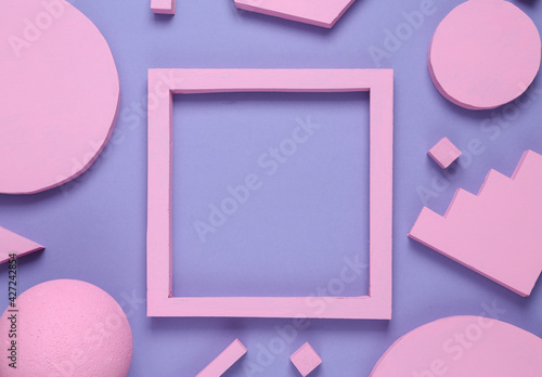 Layout composition of pink geometric shapes and empty shapes for copy space. Flat lay
