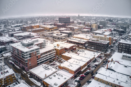 Aerial View of Downtown Sioux Falls, South Dakota after a Winter Blizzard