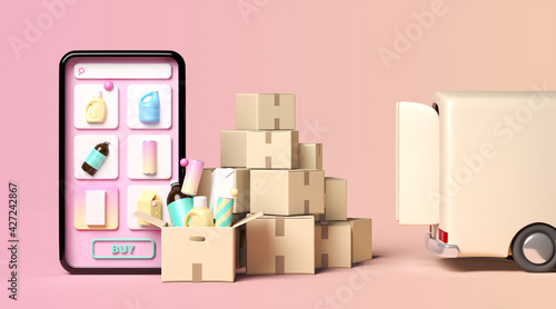Minimal background for online shopping and digital marketing concept. Mobile phone with delivery interface on pink background. 3d rendering illustration. Clipping path of each element included.