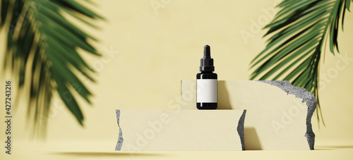 Minimal cosmetic background for product presentation. Cosmetic bottle and green palm leaf on yellow background. 3d render illustration. Element clipping path included.