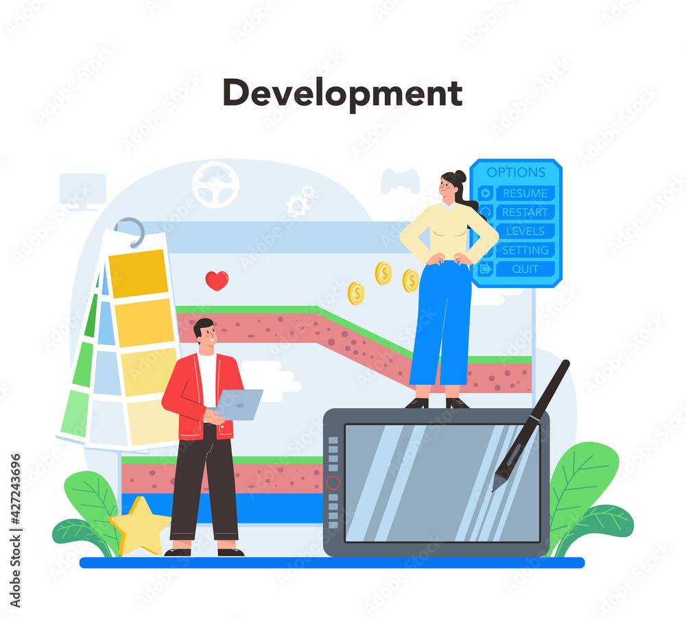 Game development concept. Creative process of a computer video