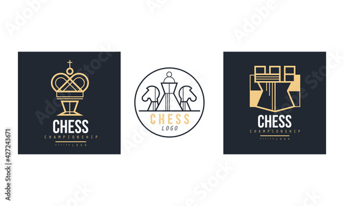 Chess Championship Logo Design Set, Retro Classic Badges, Emblem of Chess Club, Tournament Vector Illustration