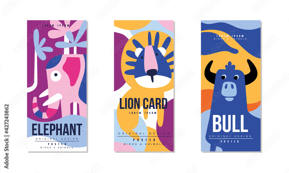 Fototapeta premium Animals and Birds Colorful Posters Set, Elephant, Lion, Bull Banner, Card, Cover, Broshure Template Design Vector Illustration
