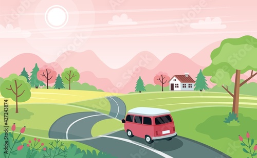 Spring road trip. Landscape with a cute car on the road. Vector illustration in flat style