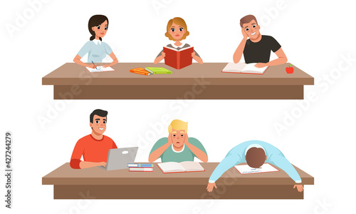 Students Preparing for Exam Set, Boys and Girls Reading Books while Sitting at Table Cartoon Vector Illustration