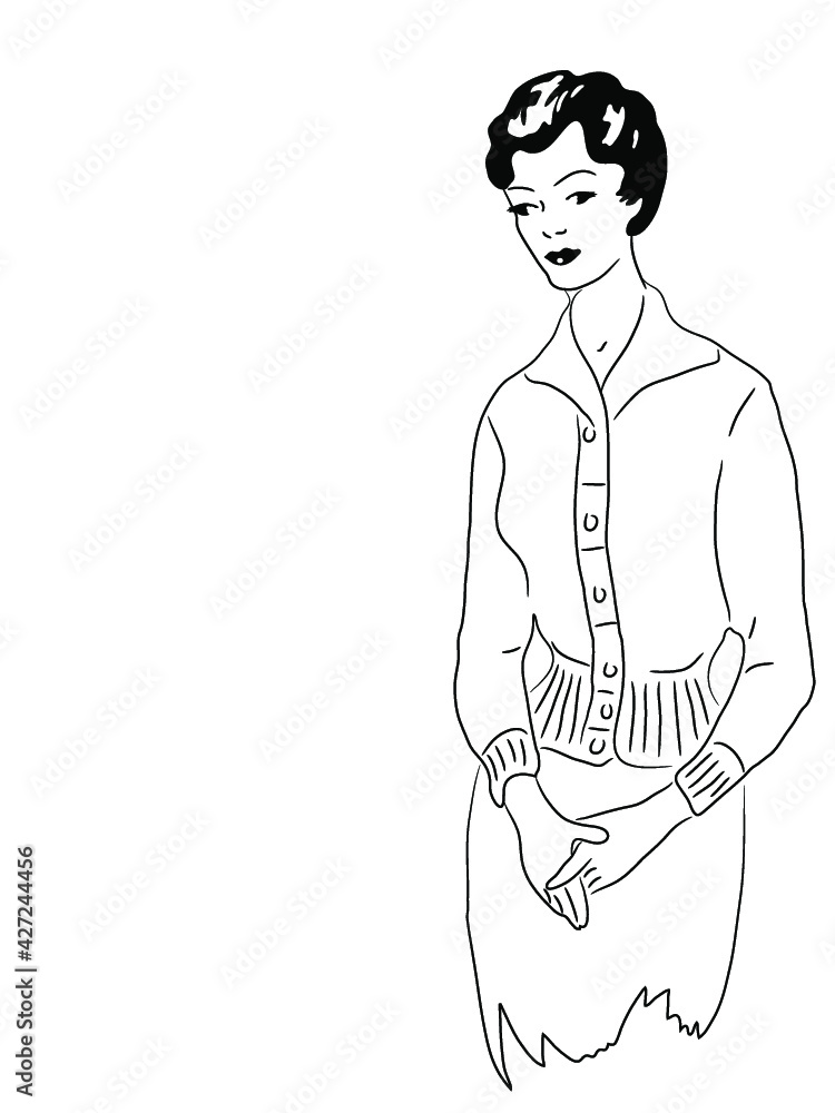 Black and white drawing of female model of the last century on a white background. Black and white drawing of female model of the last century on a white background.