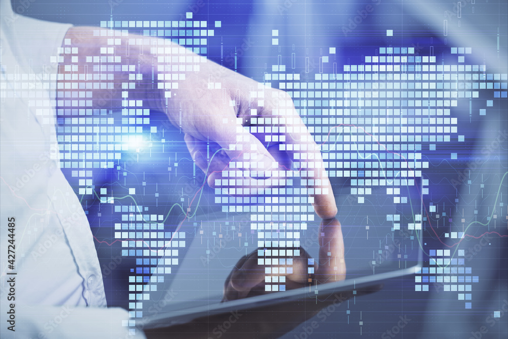 Double exposure of man's hands holding and using a phone and international business theme drawing. Double exposure of man's hands holding and using a phone and international business theme drawing.