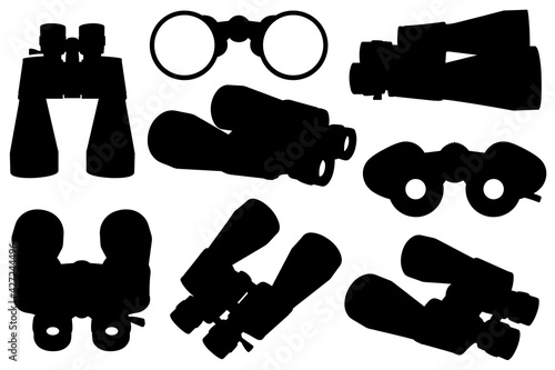 Set of binoculars in different positions isolated on white