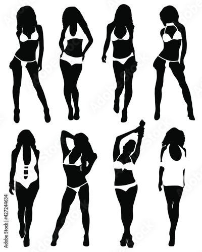 Collection of silhouettes of girls in bathing suits on a white background.