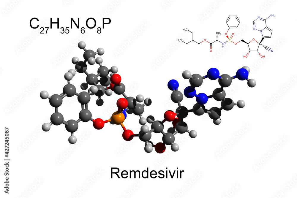Chemical formula, skeletal formula and 3D ball-and-stick model of remdesivir, an antiviral drug efficient against Covid-19, white background Chemical formula, skeletal formula and 3D ball-and-stick model of remdesivir, an antiviral drug efficient against Covid-19, white background