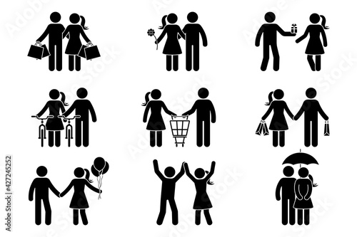 Stick figure couple man, woman, male, female, boy, girl, spending time. Shopping, dating, giving present, riding bike, standing with balloons, dancing, hiding under umbrella icon vector pictogram