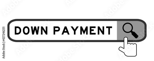 Search banner in word down payment with hand over magnifier icon on white background