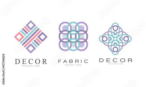 Decor Logo Design Set, Textile Business Logo Identity Labels, Tailor Shop, Sewing, Tailoring Industry, Fashion Designer Badges Flat Vector Illustration