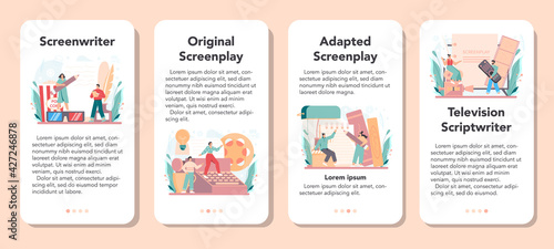 Screenwriter mobile application banner set. Person create a screenplay