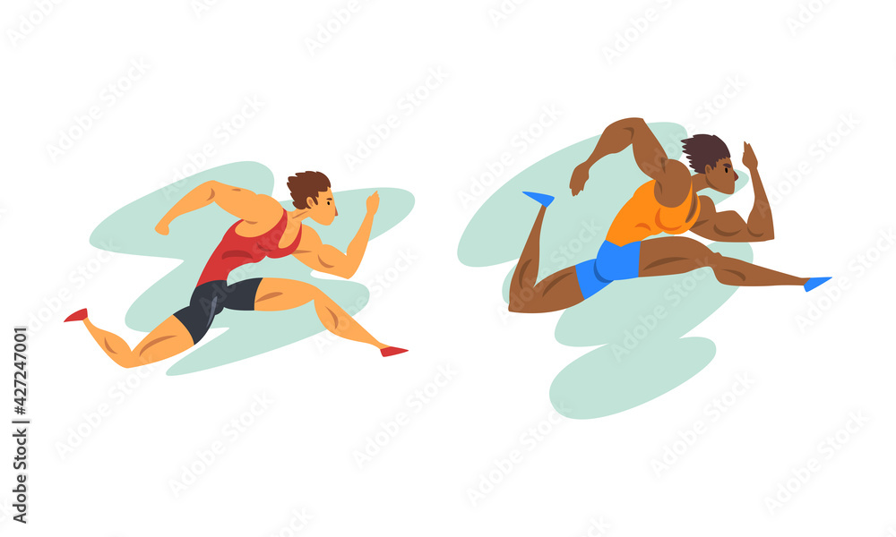 Track and Field Athletes in Action Set, Male Sprinters Runners, Marathon Race, Sport Competitions Cartoon Vector Illustration