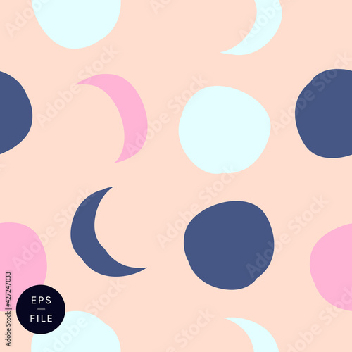 Cute hand drawn universe full moon crescent cosmos sun seamless pattern editable vector. Round lunar shapes design sea fog green blue pink origami wrapping paper pretty nursery wallpaper arty textile
