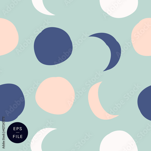 Cute hand drawn universe full moon crescent cosmos sun motif seamless pattern editable vector. Round luna design sea fog green blue pink origami wrapping paper pretty nursery wallpaper arty print