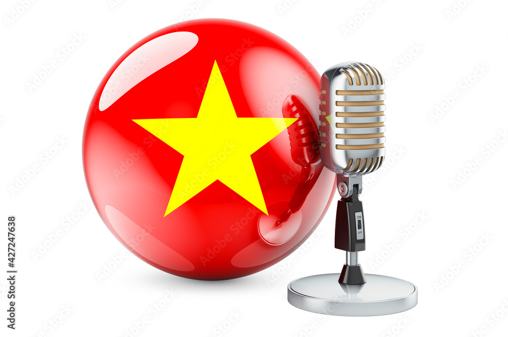 Music of Vietnam concept. Retro microphone with Vietnamese flag. 3D