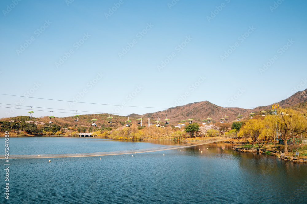 Lake and chairlift at Seoul grand park in Gwacheon, Korea
