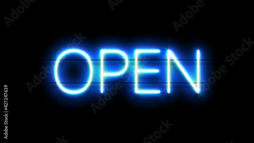 Open neon sign appear on black background.