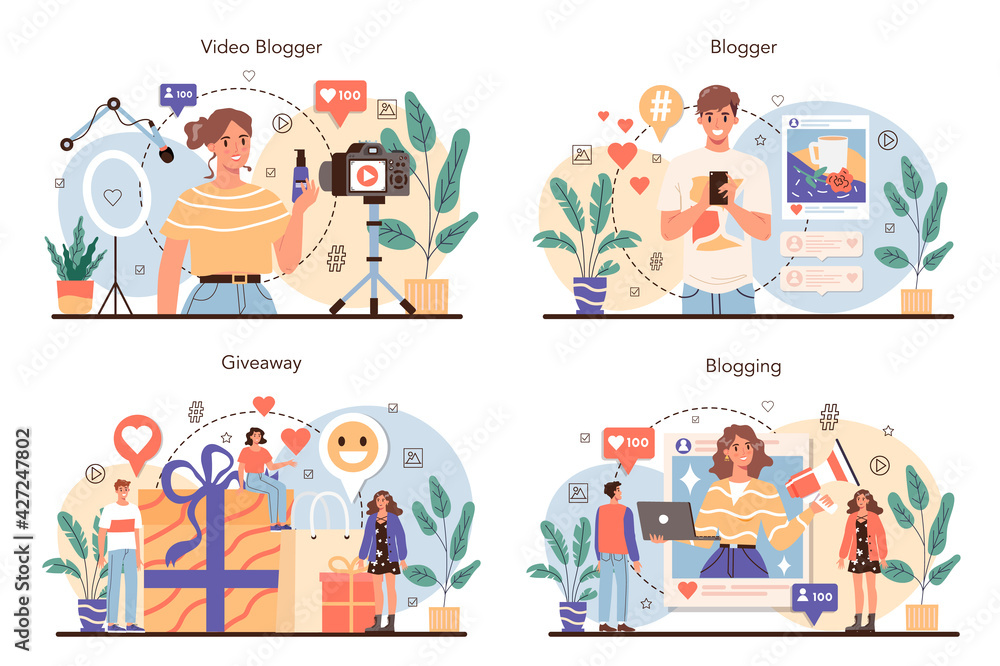 Blogger concept set. Sharing media content in the internet. Idea of social media