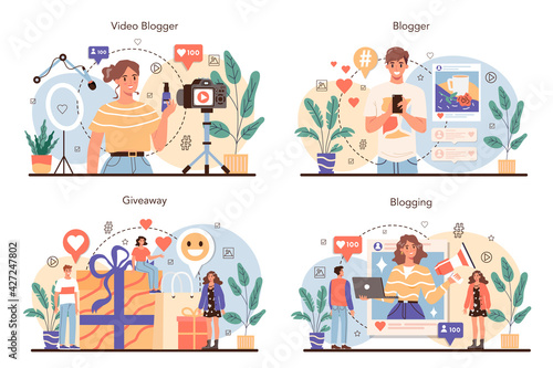 Blogger concept set. Sharing media content in the internet. Idea of social media