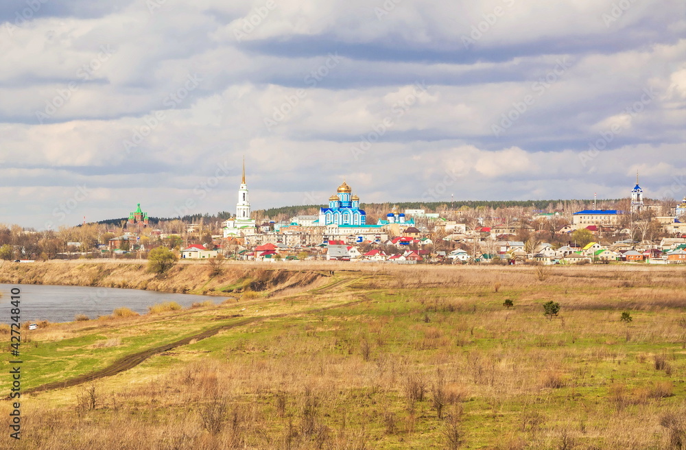 Landscape with a view of the Don River and the ancient city with churches and monasteries Zadonsk