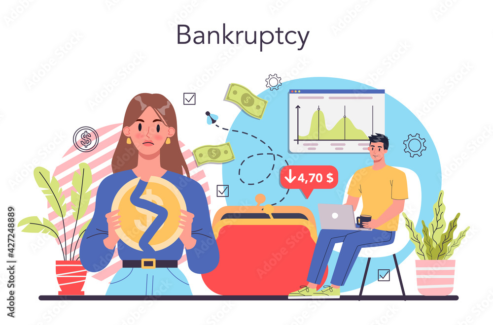 Bankruptcy concept. Financiall crisis with falling down profit graph Bankruptcy concept. Financiall crisis with falling down profit graph