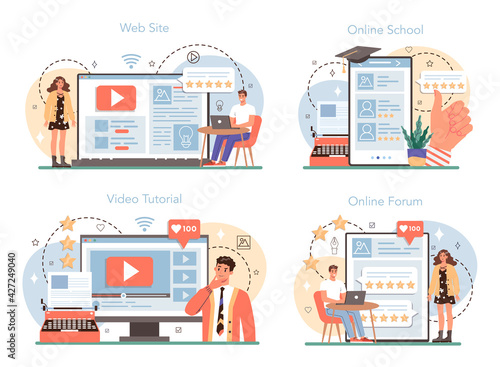 Professional critic online service or platform set. Journalist making review