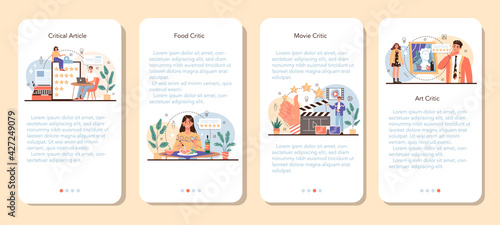 Professional critic mobile application banner set. Journalist making review