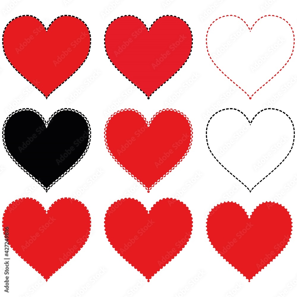 set of hearts icons love symbol red and black love and hate isolated on white background vector graphics
