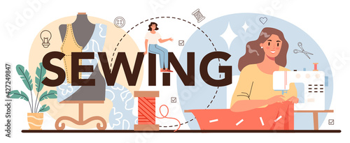 Sewing typographic header. Professional tailor sewing or fitting clothes.