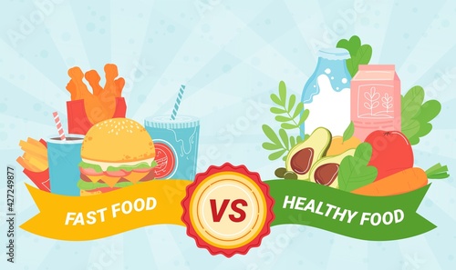 Fast or healthy food, healthy diet, unhealthy lifestyle, fat hamburger versus fruit salad, cartoon style, vector illustration.