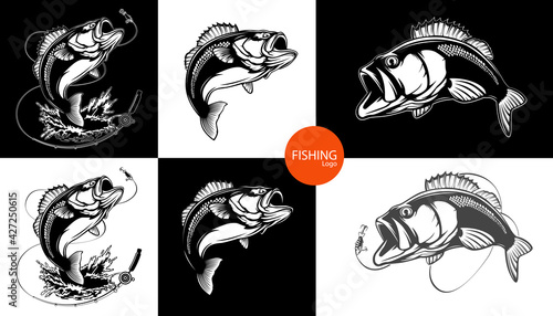 Fishing bass logo. Bass fish with rod club emblem. Fishing theme illustration. Fish Isolated on white.